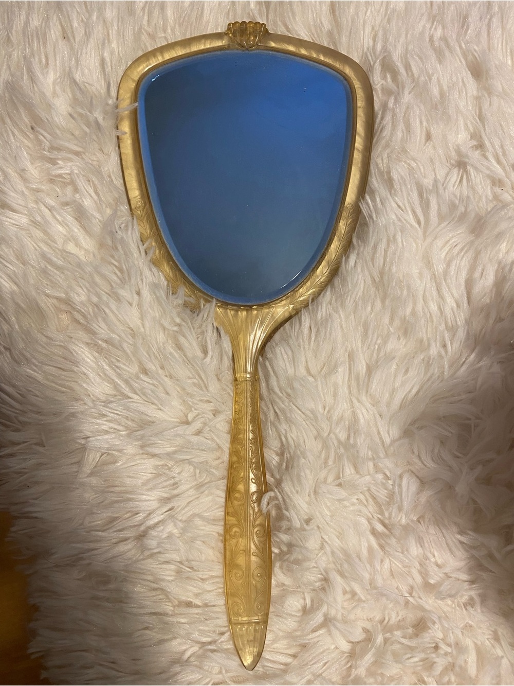Vintage Celluloid Gold Beige Hand Mirror 13”